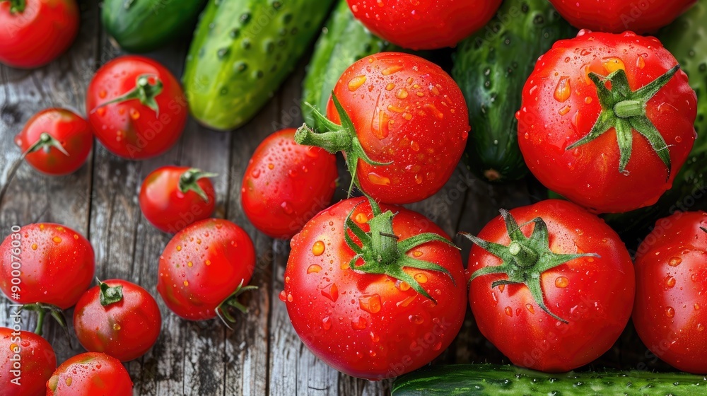 Ripe red tomatoes and fresh cucumbers with room for text Ripe red tomatoes and fresh cucumbers with room for text