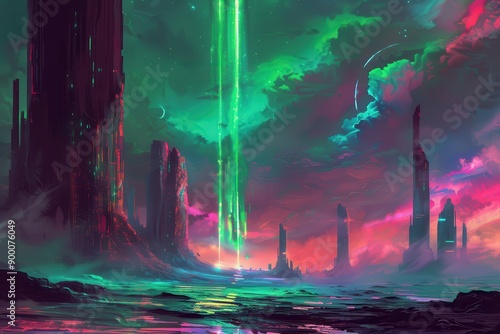 Alien planet landscape with vibrant colors and futuristic structures photo