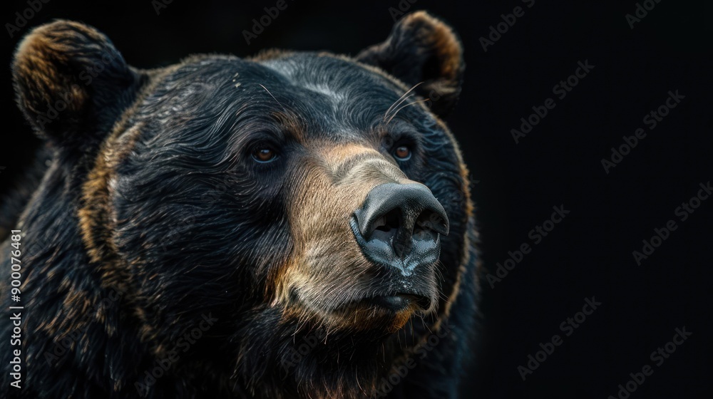 a large black bear with a brown nose and black eyes a large black bear with a brown nose and black eyes