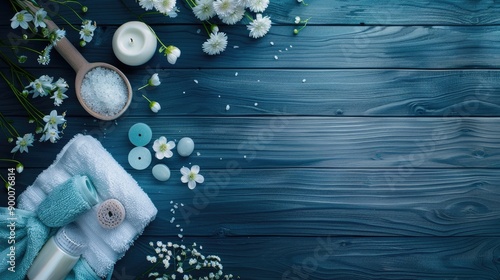 Spa and wellness arrangement with organic soap flowers and towels White and blue spa setting on dark wood backdrop with text space Overhead view