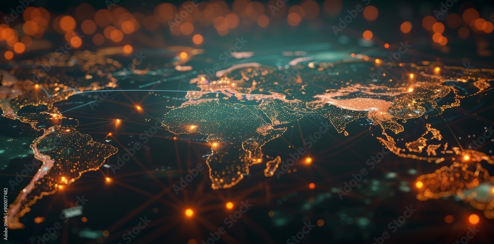 Digital map of the world with glowing connections between cities, representing global connectivity and data transfer across diverse cultures and nationalities Digital map of the world with glowing connections between cities, representing global connectivity and data transfer across diverse cultures and nationalities