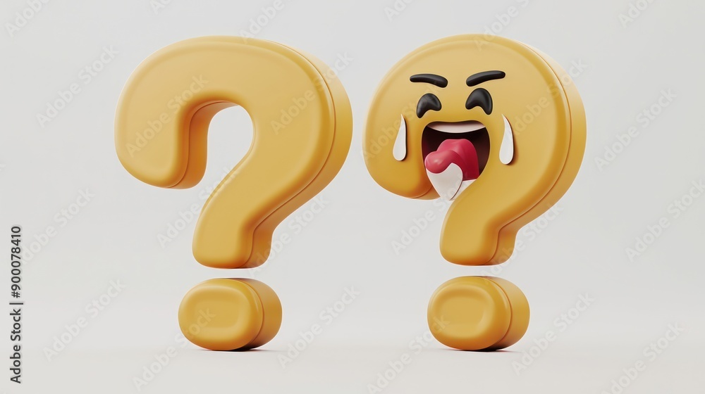 A pair of 3D-rendered question mark-shaped emojis, one with a teasing pout and the other with a jubilant cheer, isolated on a white background, depicting playful banter A pair of 3D-rendered question mark-shaped emojis, one with a teasing pout and the other with a jubilant cheer, isolated on a white background, depicting playful banter