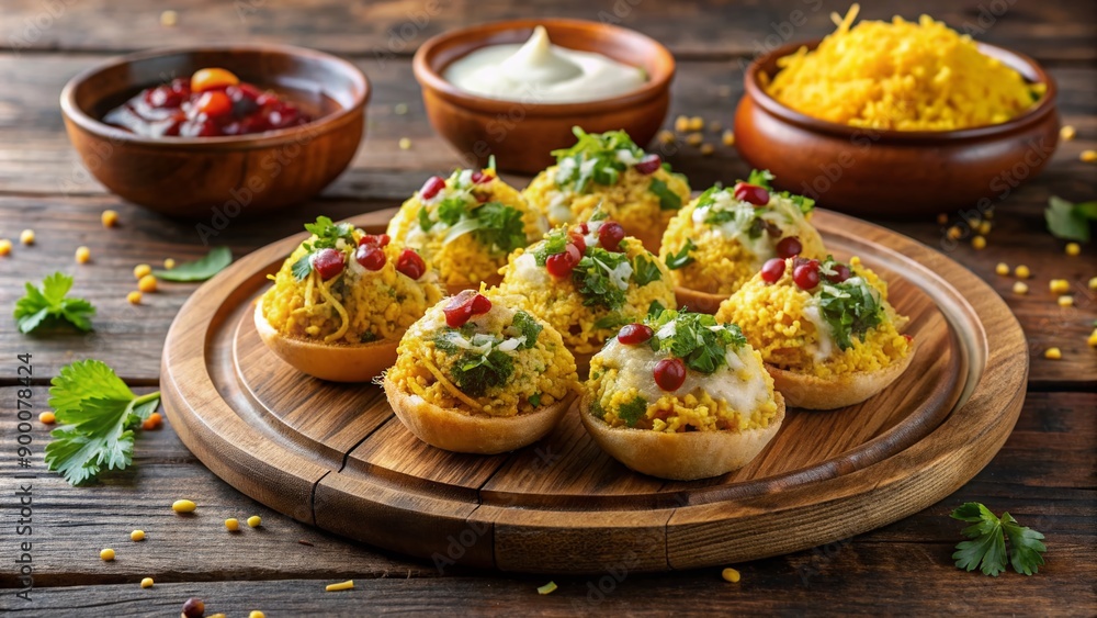 Vibrant yellow and white sev puri arrangement on a rustic wooden plate, garnished with fresh cilantro, tangy tamarind chutney, and crispy fried puris. Vibrant yellow and white sev puri arrangement on a rustic wooden plate, garnished with fresh cilantro, tangy tamarind chutney, and crispy fried puris.