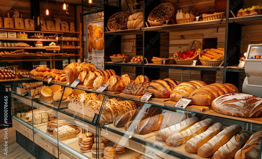 Inside an elegant and modern bakery with a glass display counter full of pastries, breads and baguettes in the French style Inside an elegant and modern bakery with a glass display counter full of pastries, breads and baguettes in the French style