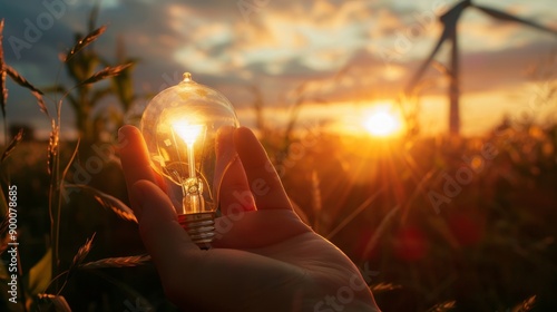 sisyphean hyperrealistic hand holding a light bulb, wind turbine encapsulated in the lightbulb, sunny background, main conten of the image on the right side  photo