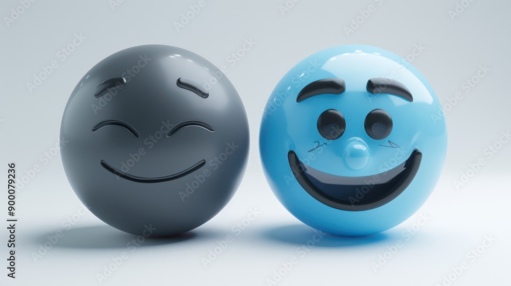 A pair of emojis, one in simple dark gray with a stoic expression, and another in sky blue with a mischievous wink, set against a white backdrop A pair of emojis, one in simple dark gray with a stoic expression, and another in sky blue with a mischievous wink, set against a white backdrop