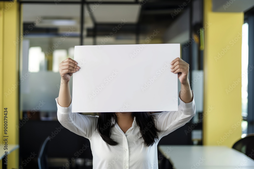woman office worker holding blank sign in office at work, faceless woman office worker holding blank sign in office at work, faceless