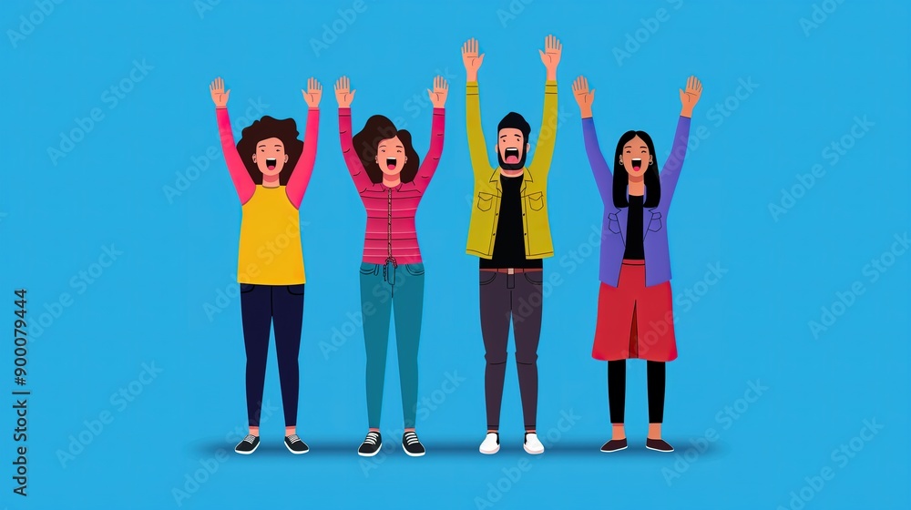 Fototapeta premium Cheerful diverse group celebrating with hands raised, expressing joy and excitement against a bright blue background