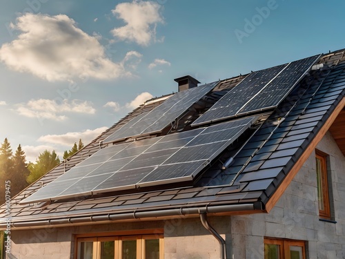 Wallpaper Mural Close-up of a new suburban house with a photovoltaic system on the roof. Simple and modern environmentally friendly house with solar panels on the gable roof, with sunlight during the day Torontodigital.ca