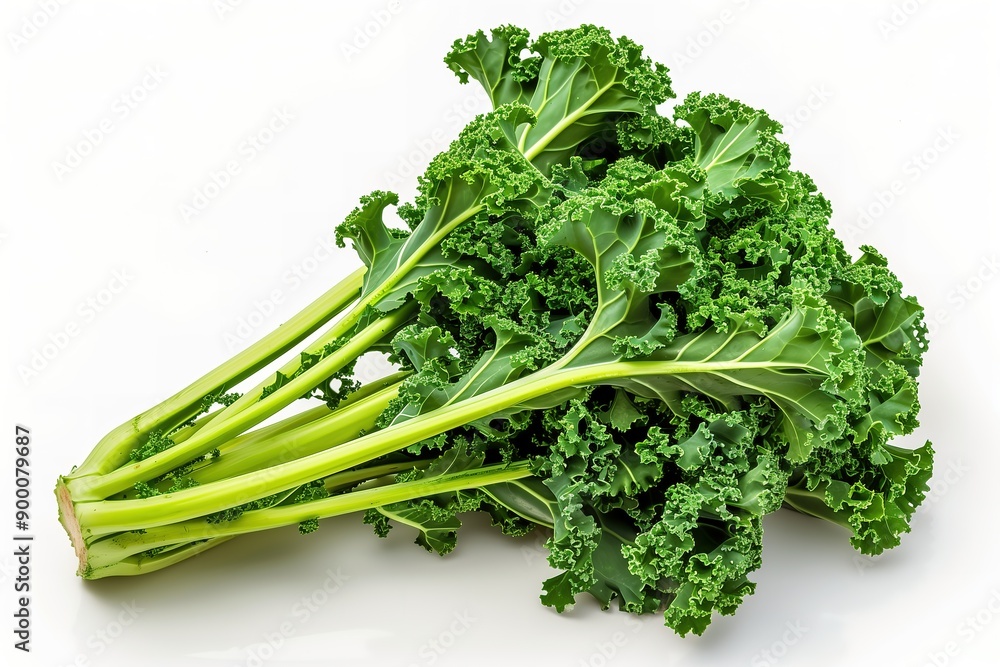 Fresh vibrant kale leaves with crisp curly edges on clean white background, ideal for healthy eating and culinary uses Fresh vibrant kale leaves with crisp curly edges on clean white background, ideal for healthy eating and culinary uses
