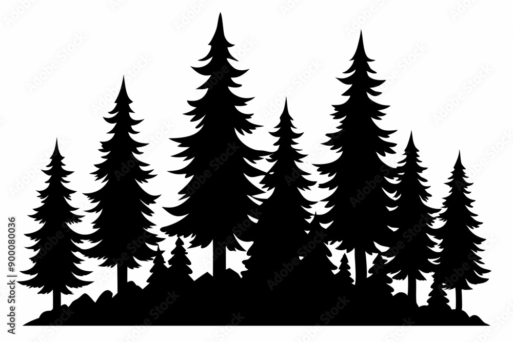 Fototapeta premium Fir trees silhouette. Coniferous spruce horizontal background patterns, black evergreen woods vector illustration. Beautiful panorama with treetops forest