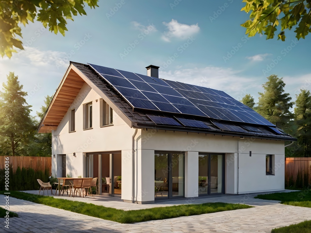 Close-up of a new suburban house with a photovoltaic system on the roof. Simple and modern environmentally friendly house with solar panels on the gable roof, with sunlight during the day Close-up of a new suburban house with a photovoltaic system on the roof. Simple and modern environmentally friendly house with solar panels on the gable roof, with sunlight during the day