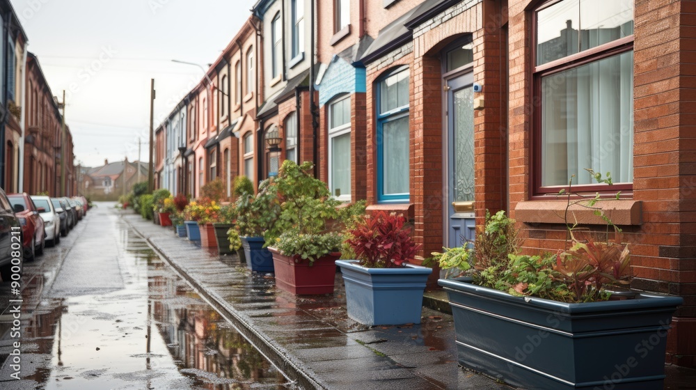 Fototapeta premium A street of townhouses, traditionally built in Victorian Belfast to accommodate workers in factories and mills 