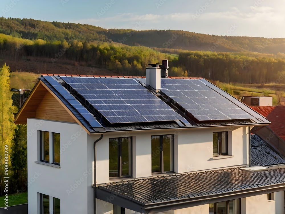 Close-up of a new suburban house with a photovoltaic system on the roof ...