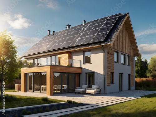 Close-up of a new suburban house with a photovoltaic system on the roof. Simple and modern environmentally friendly house with solar panels on the gable roof, with sunlight during the day © Rafli