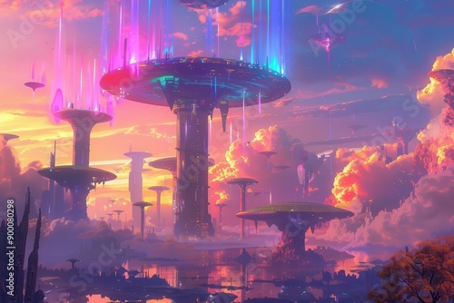 A Futuristic Cityscape with Towers Reaching for a Glowing Pink and Blue Sky