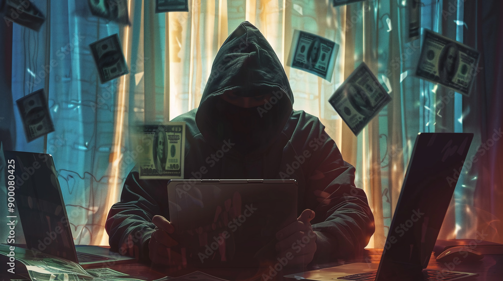 Hacker spy man one person black hoodie sitting looking at computer laptop used login password attack security data digital internet network system Hacker spy man one person black hoodie sitting looking at computer laptop used login password attack security data digital internet network system