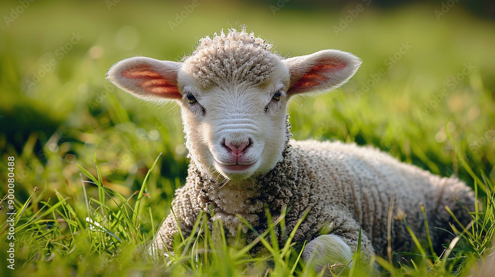 Obraz premium Happy lamb, small sheep face looking frank and cute sitting on green grass.