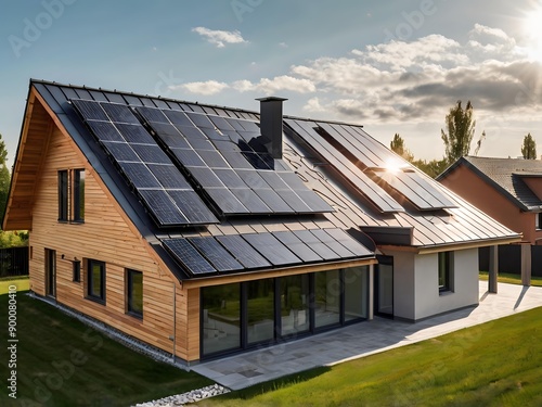 Wallpaper Mural Close-up of a new suburban house with a photovoltaic system on the roof. Simple and modern environmentally friendly house with solar panels on the gable roof, with sunlight during the day Torontodigital.ca