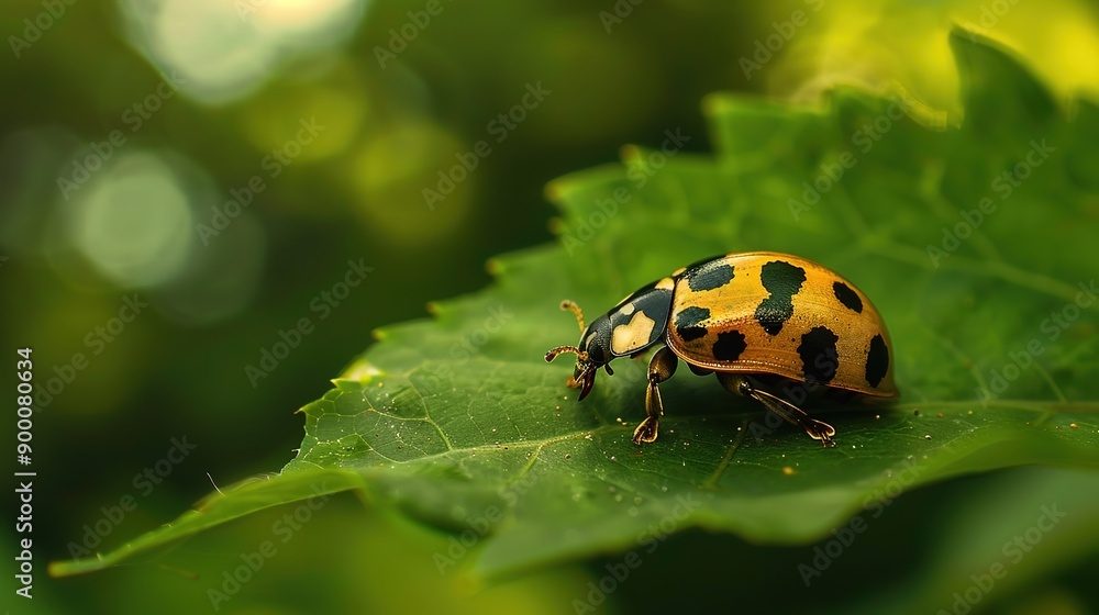 Close-Up of an Orange and Black Ladybug on Hydrangea Leaves, Macro Photography with Shallow Depth of Field and Green Background, High Resolution Close-Up of an Orange and Black Ladybug on Hydrangea Leaves, Macro Photography with Shallow Depth of Field and Green Background, High Resolution