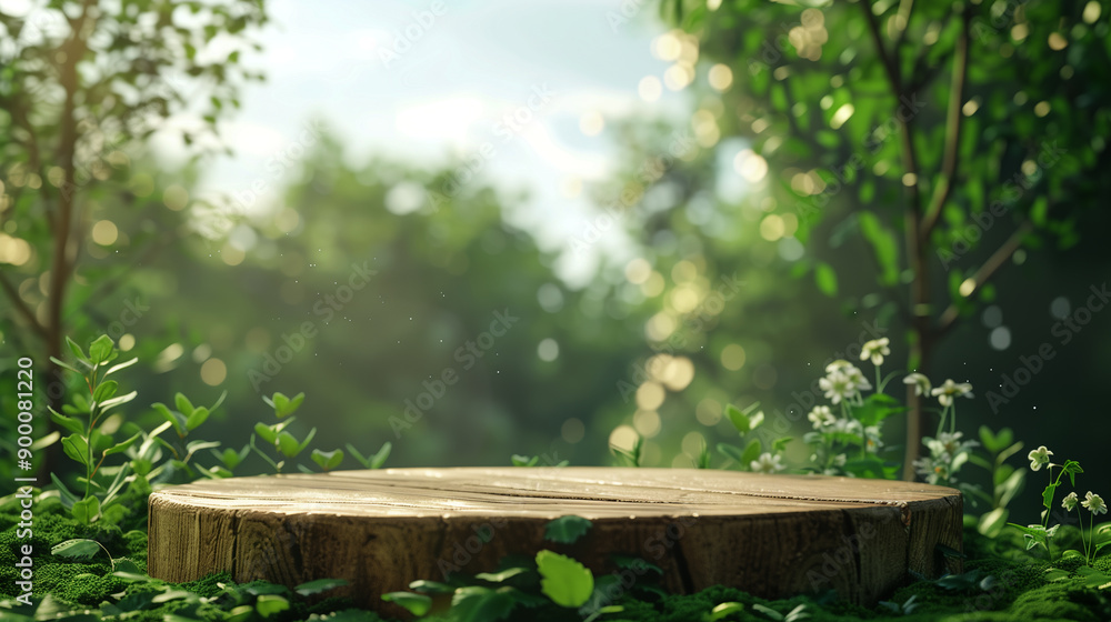 Naklejka premium wooden podium in green landscape, product advertisement promotion with nature podium background 