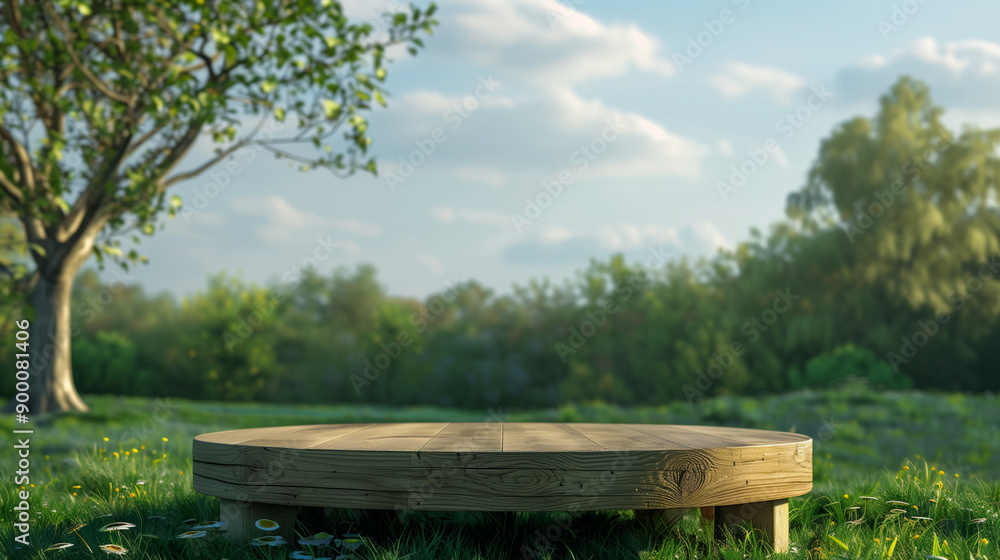 wooden podium in green landscape, product advertisement promotion with nature podium background wooden podium in green landscape, product advertisement promotion with nature podium background