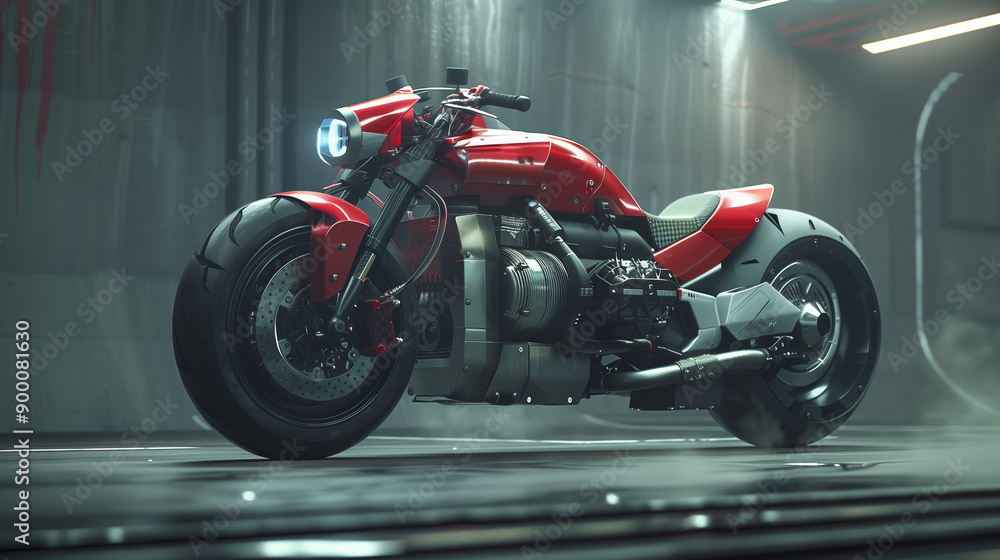 Obraz premium A powerful red custom motorcycle with a futuristic design, parked in a dimly lit modern garage
