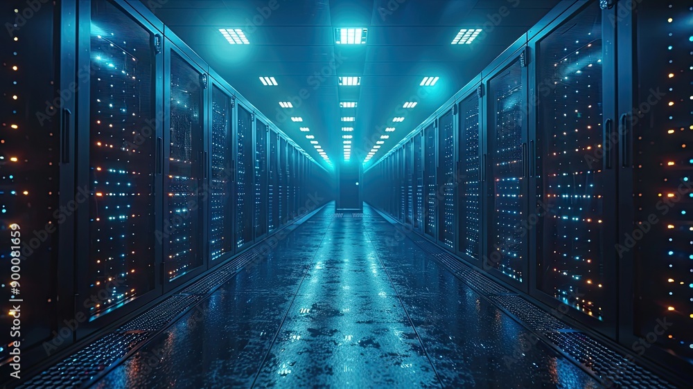 Fototapeta premium Modern high-tech data center with illuminated computers in blue and red hues. Cinematic dark tones highlight IT, cloud data, and data protection technologies.