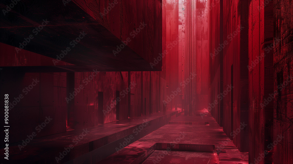 Fototapeta premium A surreal, dark red brutalist urban landscape with towering geometric structures and deep shadows