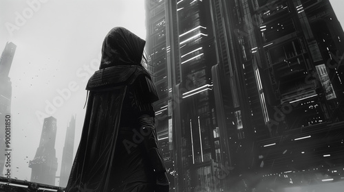 A hooded figure in dark clothing stands before a towering futuristic cityscape, shrouded in mystery and intrigue photo