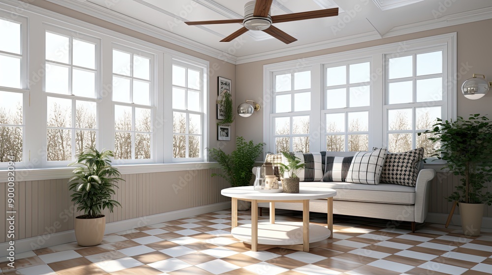 Fototapeta premium a sunroom with a white tile floor and a striped sofa and a ceiling fan 