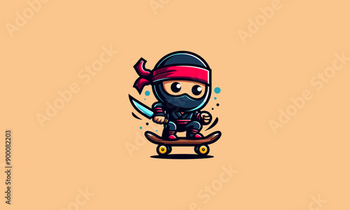 character ninja playing skateboard vector logo design