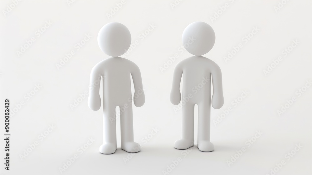 Two white 3D cartoon character models standing side by side on a white background Two white 3D cartoon character models standing side by side on a white background
