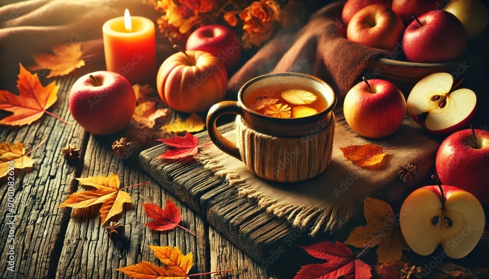 Warm Autumn Drink with Apples and Cinnamon Sticks on Rustic Wood Table. Warm Autumn Drink with Apples and Cinnamon Sticks on Rustic Wood Table.
