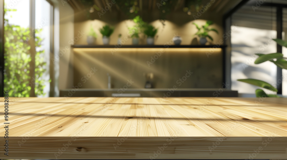 Abstract empty wooden desk tabletop with copy space over interior modern kitchen room and window blurred background, display for product montage, Generative Ai Abstract empty wooden desk tabletop with copy space over interior modern kitchen room and window blurred background, display for product montage, Generative Ai