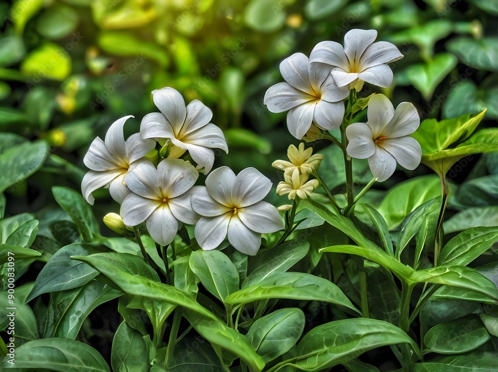 Some White Flowers Are Growing Out Of The Green Leaves Ai Generative Some White Flowers Are Growing Out Of The Green Leaves Ai Generative