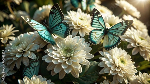 A close-up of teal-colored flowers with white petals interspersed, with butterflies adding a touch of liveliness to the composition.