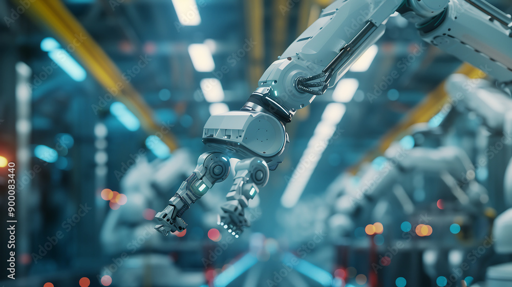 Fototapeta premium 3d rendering, Industrial machine robotic arm automation in factory background, technology concept, digital art illustration