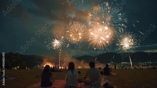 Omagari National Fireworks Competition, people sitting on picnic mats enjoying fireworks, Ai generated Images photo