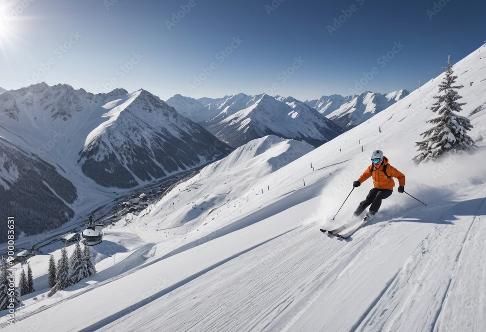 Skiing down a scenic slope Skiing down a scenic slope