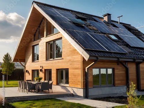 Wallpaper Mural Close-up of a new suburban house with a photovoltaic system on the roof. Simple and modern environmentally friendly house with solar panels on the gable roof, with sunlight during the day Torontodigital.ca