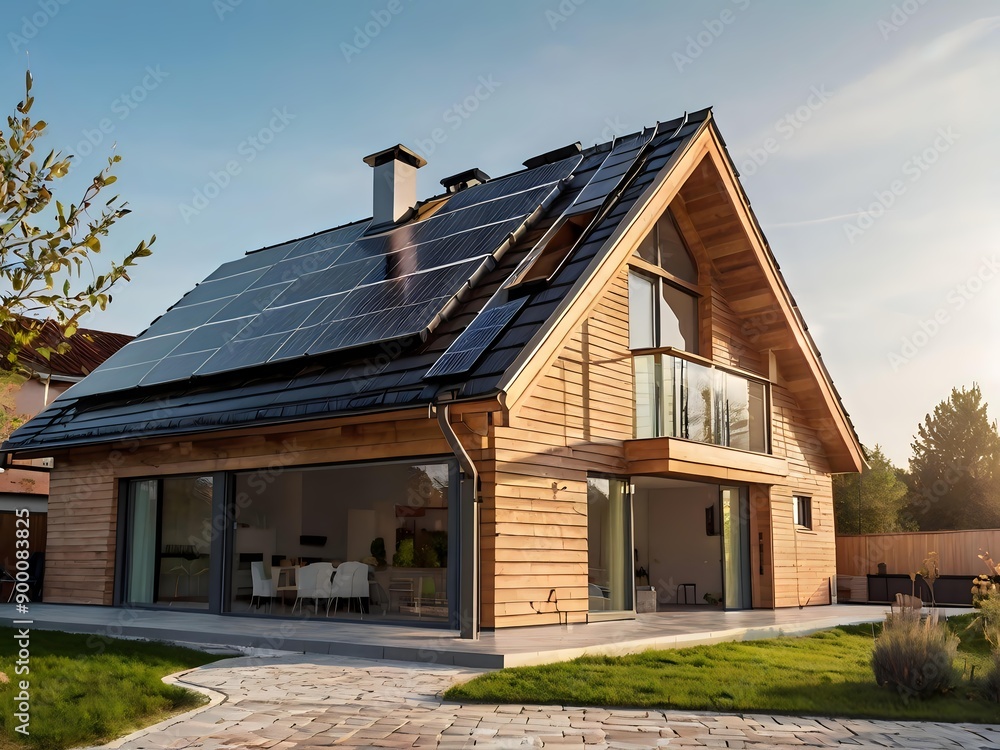 Close-up of a new suburban house with a photovoltaic system on the roof. Simple and modern environmentally friendly house with solar panels on the gable roof, with sunlight during the day Close-up of a new suburban house with a photovoltaic system on the roof. Simple and modern environmentally friendly house with solar panels on the gable roof, with sunlight during the day