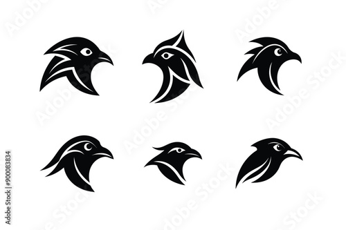 Logo sets of Ababil bird, labeled linocut vector illustration.