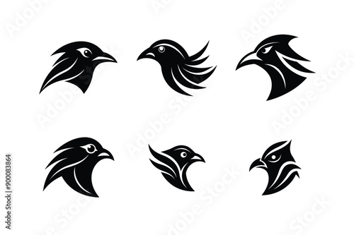 Logo sets of Ababil bird, labeled linocut vector illustration.