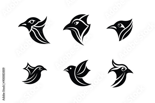 Logo sets of Ababil bird, labeled linocut vector illustration.