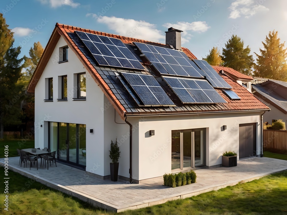 Close-up of a new suburban house with a photovoltaic system on the roof. Simple and modern environmentally friendly house with solar panels on the gable roof, with sunlight during the day Close-up of a new suburban house with a photovoltaic system on the roof. Simple and modern environmentally friendly house with solar panels on the gable roof, with sunlight during the day