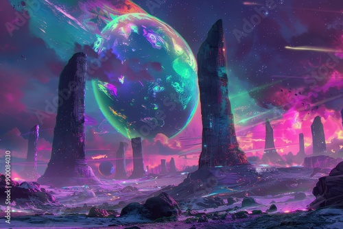 Mysterious Alien Landscape with Towering Monoliths and Glowing Celestial Bodies photo