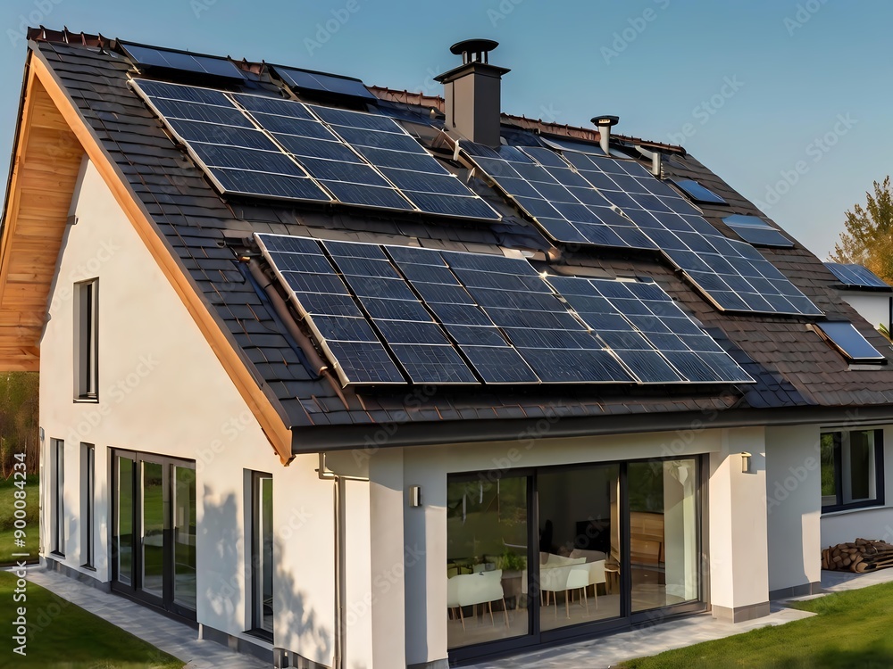 Fototapeta premium Close-up of a new suburban house with a photovoltaic system on the roof. Simple and modern environmentally friendly house with solar panels on the gable roof, with sunlight during the day