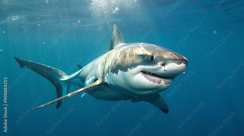 Fototapeta premium A great white shark swimming just below the surface of the wate
