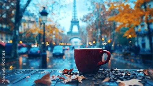 Wallpaper Mural A cup of coffee on a table with coffee beans and autumn leaves, the Eiffel Tower in the blurred background seamless  looping animation time lapse 4k video background  Torontodigital.ca